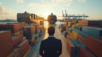 Businessman Standing Amidst Cargo Containers at Sunset