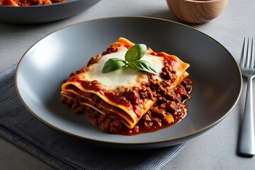Delicious Italian Lasagna with Meat Sauce and Mozzarella Served on a Modern Plate