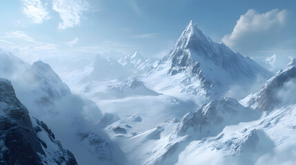 Obraz premium Panoramic alpine landscape with snow-capped mountains and a glacier under a clear winter sky