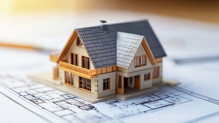 House Model on Blueprint   Home Construction  Design  Architecture