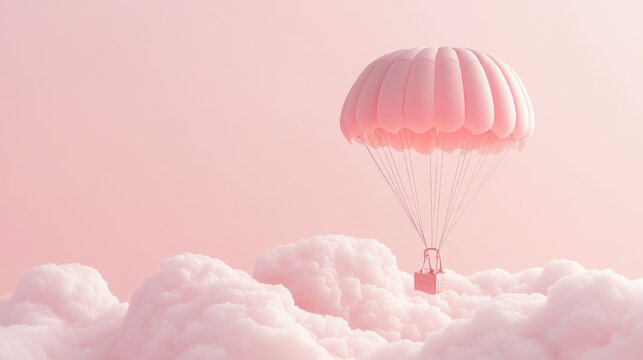 A Box flying on a parachute with pink cloud,vector illustration of package flying down from sky and cloud with parachute, concept for delivery service,shopping online,air delivery service.