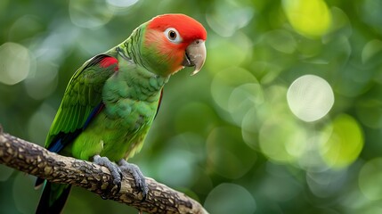 Naklejka premium A stunning red headed green parrot poised on a tree stem