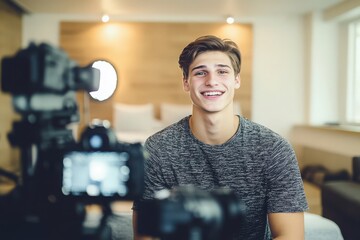 Obraz premium In a bright and stylish space, a young man shares his thoughts and experiences while seated