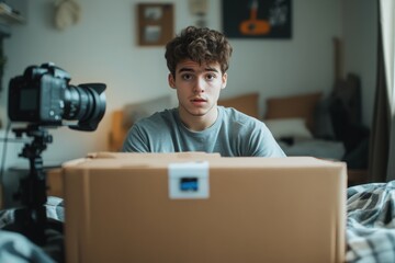 In a cozy bedroom, a young man influencer sits on his bed, eagerly preparing to unbox a new product. The atmosphere is relaxed as he focuses intently on the medium-sized cardboard box in front of him.
