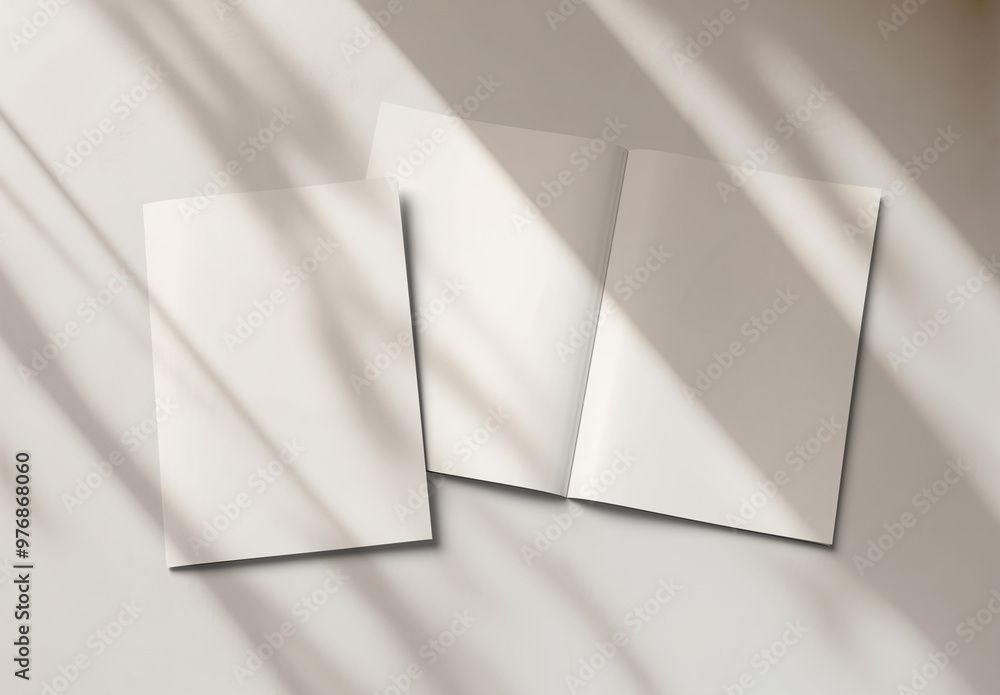 Wall mural isolated magazine cover and open magazine mockup on white background with soft shadows. 3d rendering