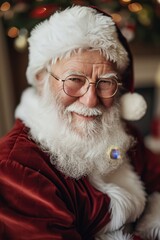 Jolly Santa Claus with Twinkling Eyes and Warm Smile Posing in Front of Christmas Tree
