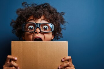 Naklejka premium This energetic teenage boy influencer expresses amazement while gripping a cardboard box. His wide eyes and playful demeanor make for a captivating moment, set against a striking blue background.