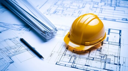 Construction Plan with Hard Hat and Blueprints