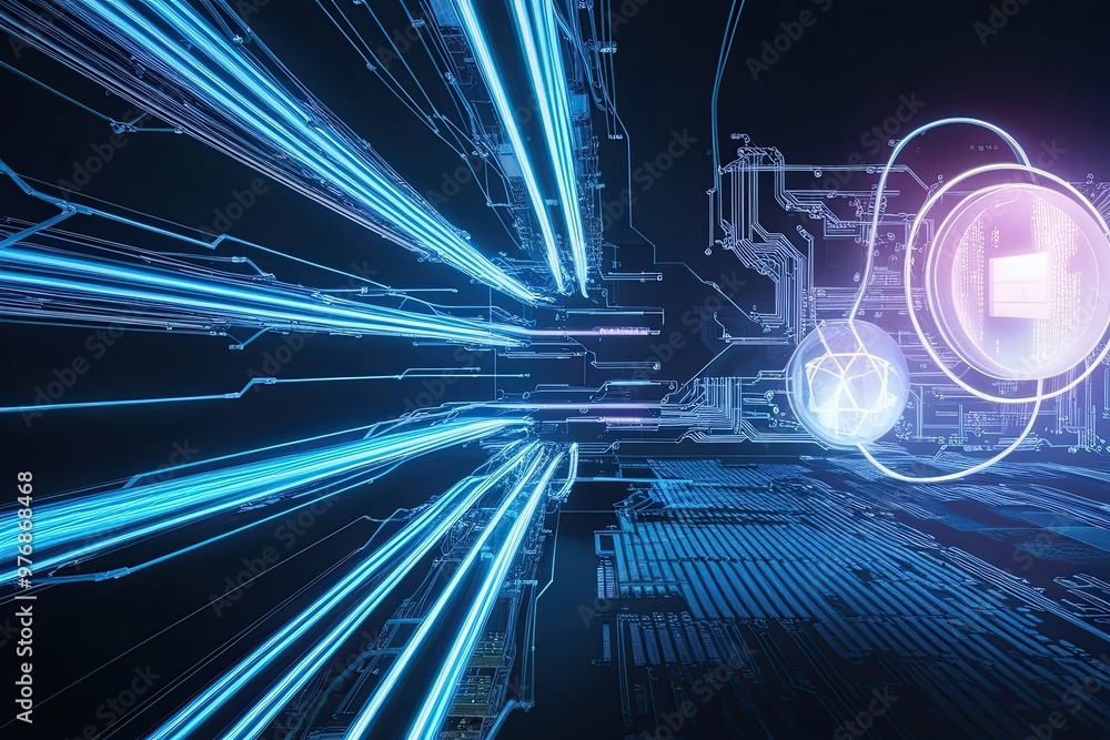Poster luminous fiber optic networks and quantum computing architecture on an innovative tech canvas
