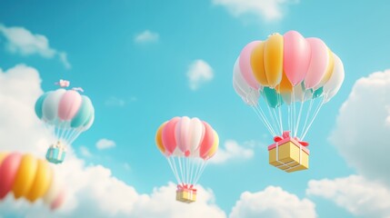 Fototapeta premium A Box flying on a parachute with pink cloud,vector illustration of package flying down from sky and cloud with parachute, concept for delivery service,shopping online,air delivery service.
