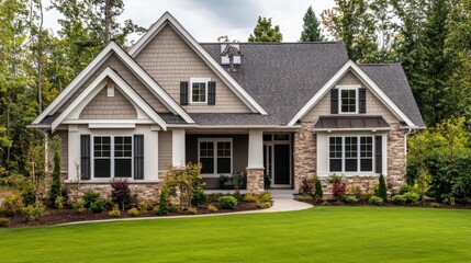 Modern Suburban Home with Stone Facade and Landscaped Yard