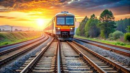 Naklejka premium Train traveling on railway track , locomotive, transportation, railway, tracks, travel, journey, vintage, retro