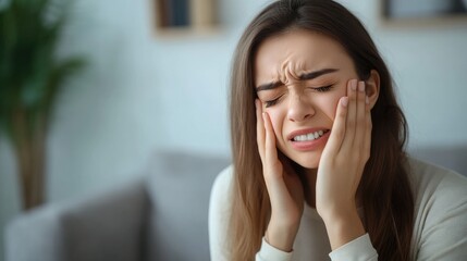 Fototapeta premium Young woman suffering from strong toothache, touching cheek with hand