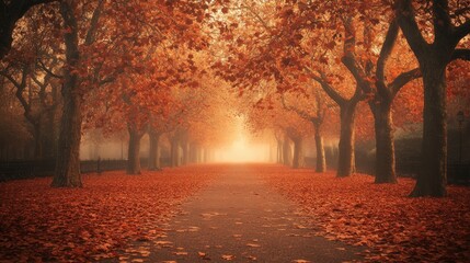 Fototapeta premium Colorful autumn Park with pathway,red and yellow maple trees and blue sky,Autumn forest path,Lawn in autumn city park in Sunny day,Trees with yellow leaves in park,Natural Wallpaper.