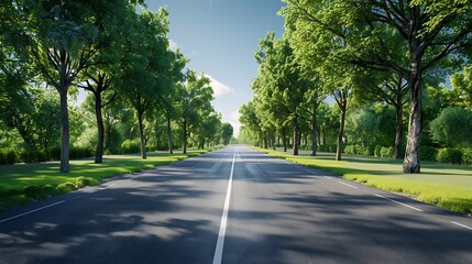 Asphalt road in the park with green trees