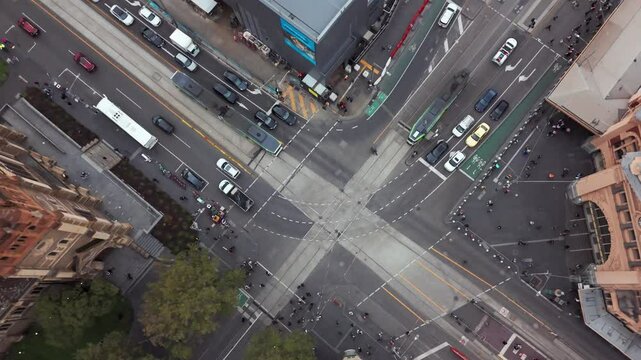 4k aerial footage of the crossroad between St Paul's Cathedral and flinders station