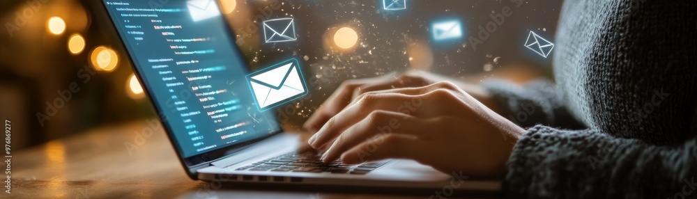 Poster hands typing email on laptop with bokeh lights