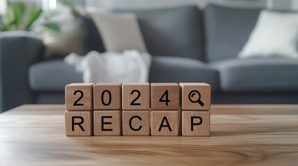 2024 recap wooden block on living room background for performance review concept
