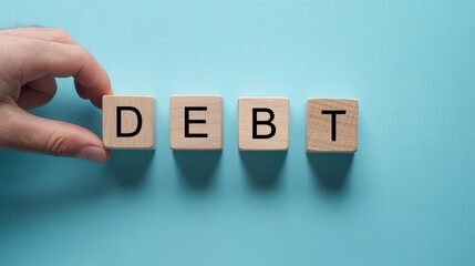 Debt word wooden block on light blue background for loss and balance sheet concept.