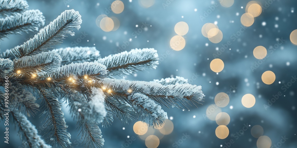 Poster a snow covered pine tree with lights on it. the lights are shining on the tree and creating a warm a