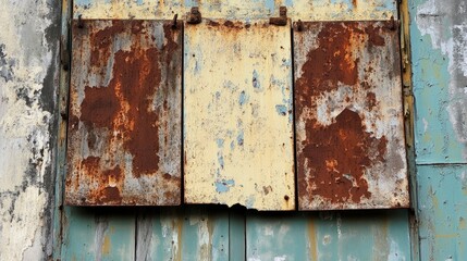 Rusty, corroded iron boards hanging unevenly on an old, decayed building exterior, showing signs of wear and time.