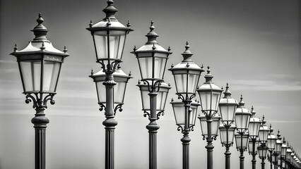 Monochrome photograph of white street lamps in symmetrical composition , black background, photography, high contrast