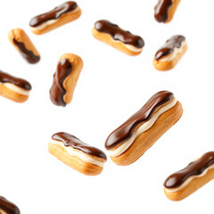 Obraz premium Floating chocolate eclairs with shiny chocolate glaze in mid-air
