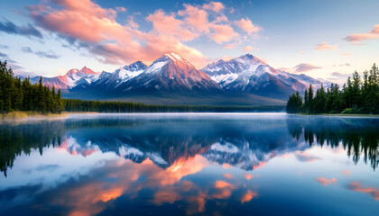 Nature Bliss: A serene mountain landscape with a lake reflecting the snowy peaks at sunrise