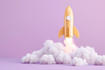Fototapeta premium Rocket launching on yellow background, New Project, Start-up, Creativity, Big idea. Beautiful simple AI generated image
