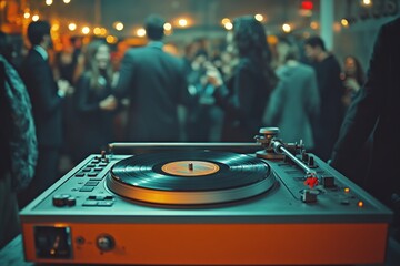Naklejka premium A vintage turntable plays music for a blurred crowd of dancing people at a party.