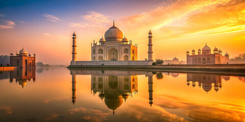 Tranquil sunrise scene at Taj Mahal with perfect reflection in water, painted in soft golden light, Taj Mahal