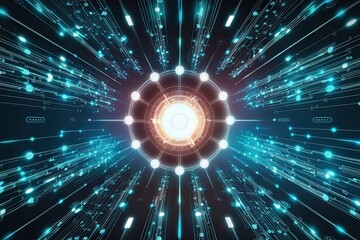 Dynamic Tech-Themed Backdrop with Radiant Fiber Optic Connections and Cutting-Edge Quantum Computing Matrix