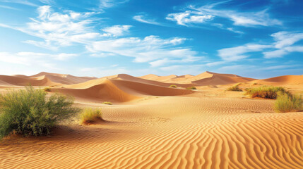 Fototapeta premium A serene desert landscape with sand dunes under a strikingly clear blue sky, highlighting the stark beauty of nature.