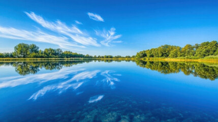 A crystal-clear blue sky reflected in a calm lake, creating a mirror-like effect that doubles the beauty of the scene.