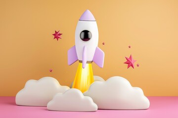 Rocket launching on yellow background, New Project, Start-up, Creativity, Big idea. Beautiful simple AI generated image