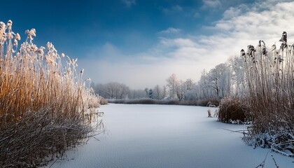 Frozen pond with snow-covered reeds