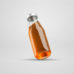 Fototapeta premium Mockup of glass transparent bottle with apple juice, with metal cap, presentation of container diagonally, isolated on white background.