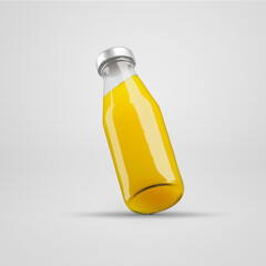 Mockup of transparent glass bottle with pineapple juice, jar with metal cap, canned drink, isolated...
