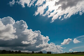 Tranquil Cobalt Sky Above Soft Clouds and Verdant Pastures