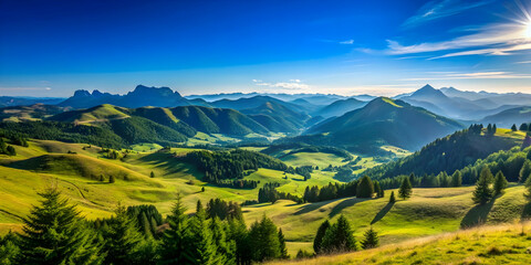Obraz premium Scenic mountain view with clear blue skies and rolling hills, mountain, view, scenery, landscape, nature