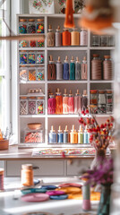Cozy craft studio yarn threads colorful supplies creative workspace handmade project warm light for crafter blogger artist wallpaper background