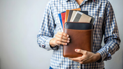 Person with travel document organizer keeping passport