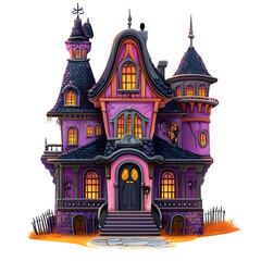Fototapeta premium Whimsical Haunted Mansion with Spooky Details in Cartoon Halloween Style Isolated on White Background