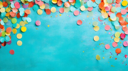 A blue background with colorful confetti on the sides.