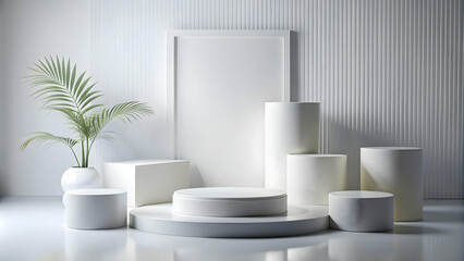 White podium with abstract geometric shapes for product display on clean white background, presentation, marketing