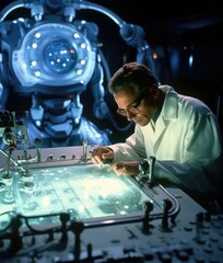 Naklejka premium A scientist works on a futuristic device. AI.
