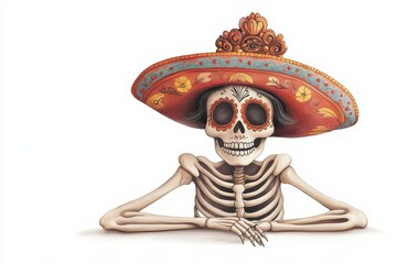 Fototapeta premium A whimsical skeleton adorned with a colorful sombrero, embodying the spirit of celebration and culture in a lively atmosphere.