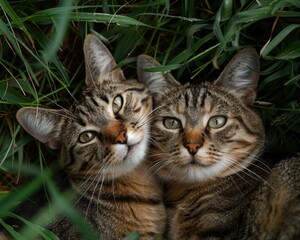 Two cats cuddling in the grass. AI.