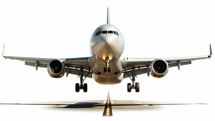 Fototapeta premium Commercial airplane landing with visible flaps and landing gear, isolated on white background, commercial