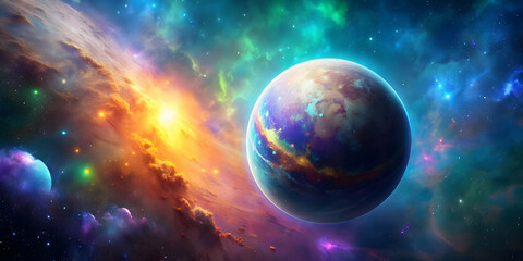 Obraz premium Planet in space with colorful nebula in the background, Planet, space, colorful, nebula, galaxy, stars, universe, cosmic